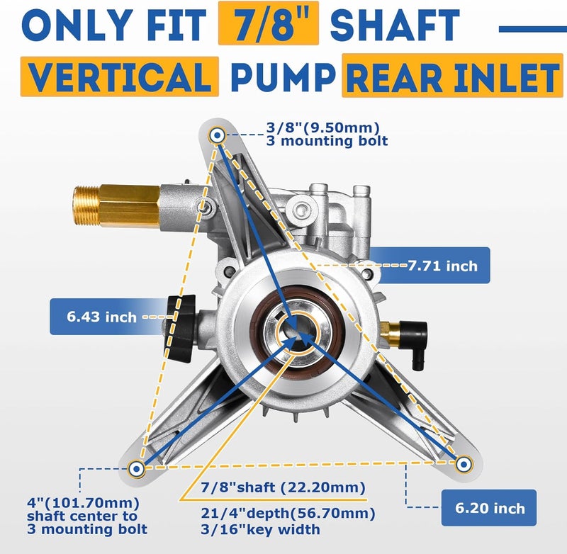 TOOLCY 7/8" Shaft Vertical Pressure Washer Pump - Rear Inlet/Outlet Max 3100 PSI @ 2.5 GPM OEM & Power Washer Pump for Gas Washer, More Replacement for Simpson, Ryobi, Honda etc - Image 3